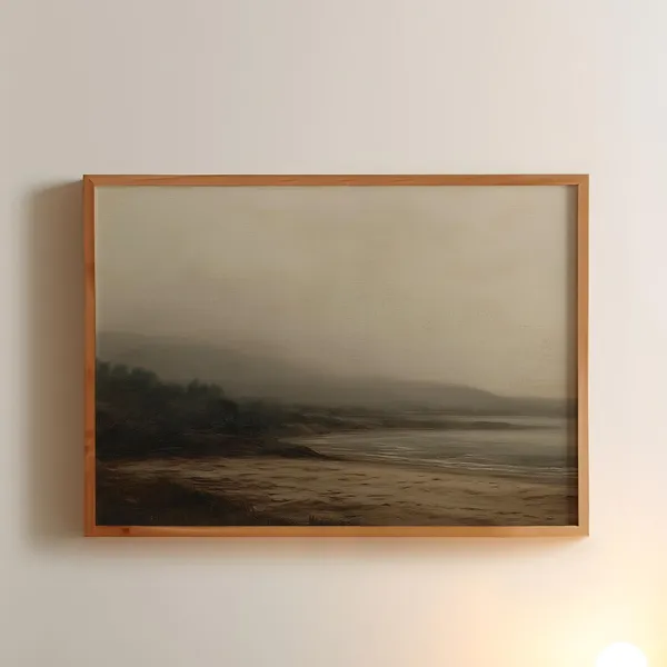 Vintage Beach Landscape Oil Painting Print, Rustic Farmhouse