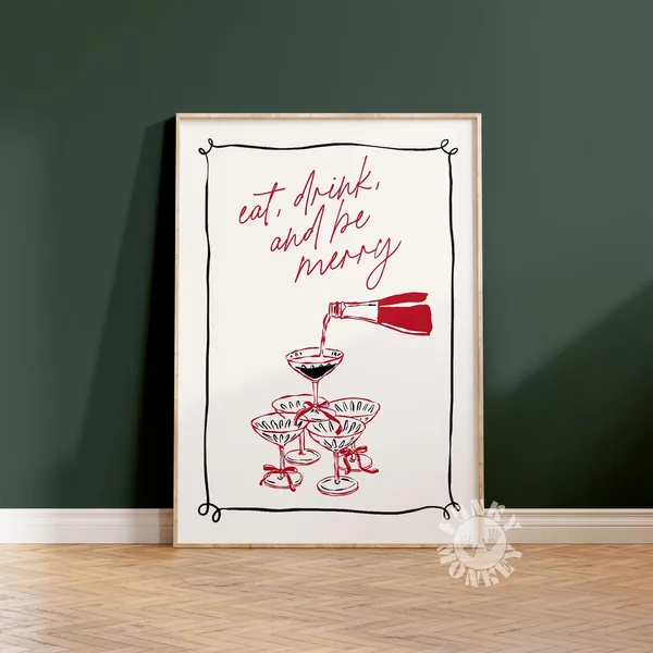 Christmas Cocktail Bar Cart Poster, Minimalist Holiday Decor