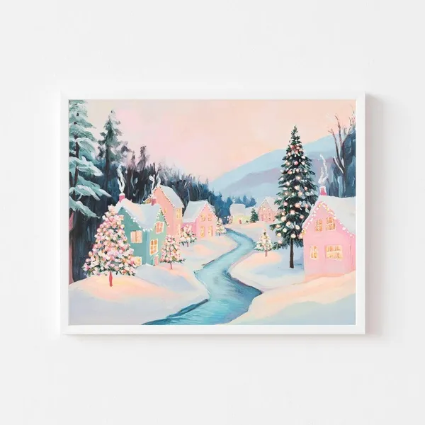 Snowy Christmas Village River, Pastel Winter Art Print
