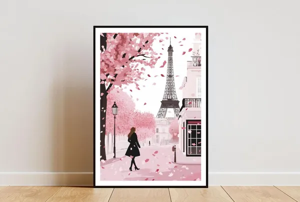Paris Eiffel Tower Cherry Blossom Travel Poster
