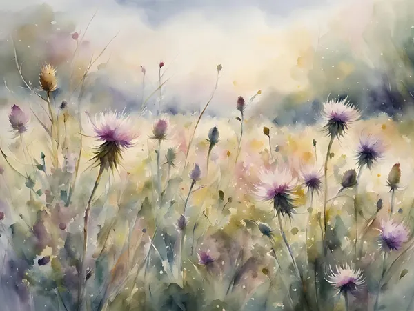 Thistle Flower Field Watercolor Art Print, Spring Meadow