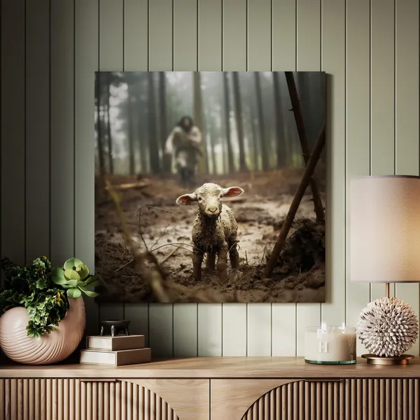 Jesus Running After Lost Lamb, Religious Wall Art Print
