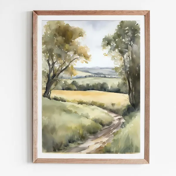 Wheat Field Country Road Watercolor Art Print