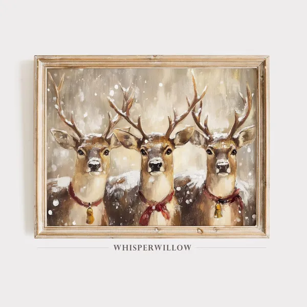 Holiday Reindeer Trio Winter Scene Art Print