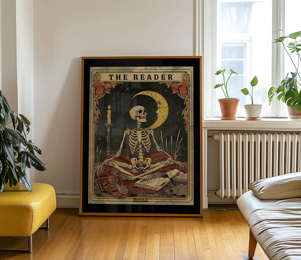 The Reader Skeleton Tarot Card Witchy Book Lover Library Art Poster - Image 2