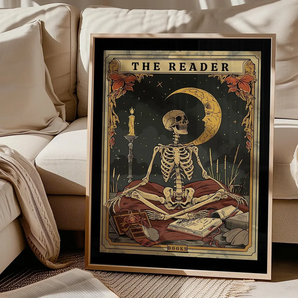 The Reader Skeleton Tarot Card Witchy Book Lover Library Art Poster
