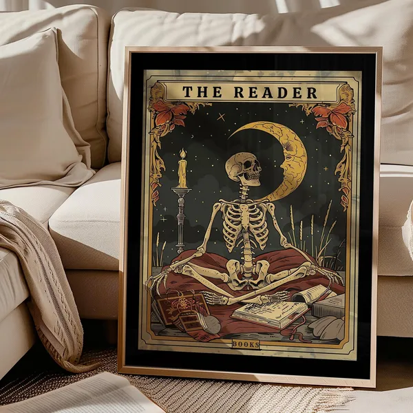 The Reader Skeleton Tarot Card Witchy Book Lover Library Art Poster