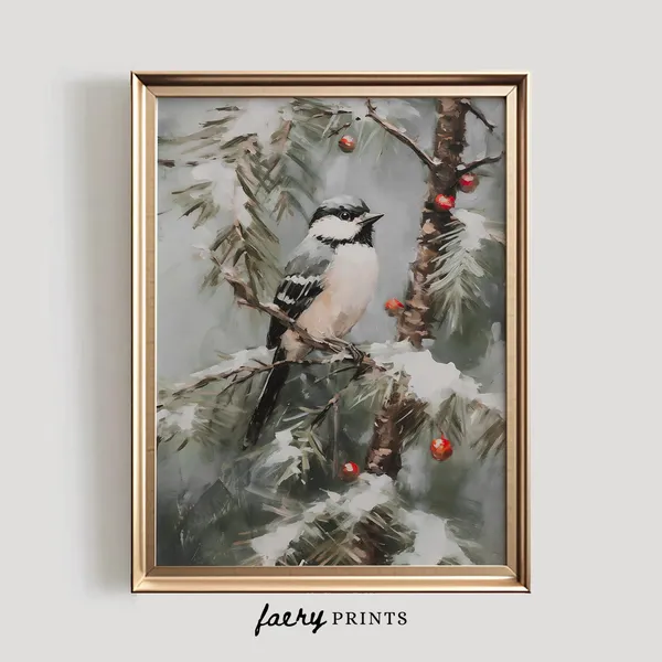 Winter Bird Berry Tree Art Print, Holiday Home Decor