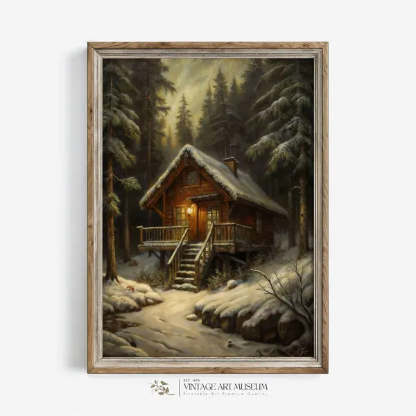 Cozy Winter House, Moody Vintage Art Print
