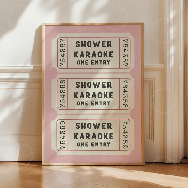 Shower Karaoke Ticket Print, Pink Retro Bathroom Art