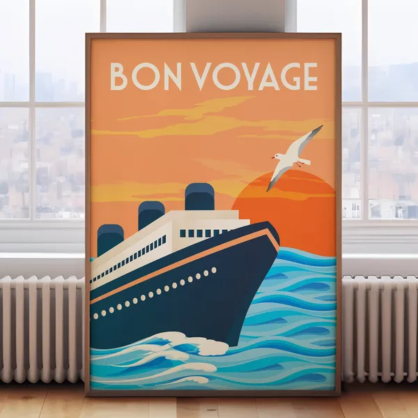 Bon Voyage Retro Travel Poster, Tropical Cruise Liner