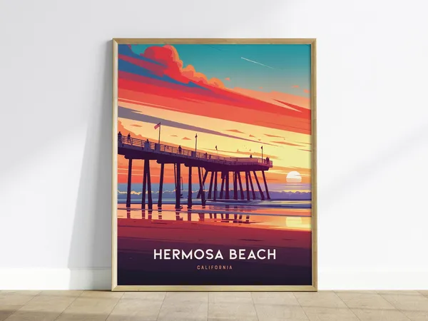 Hermosa Beach Pier California Sunset Travel Poster