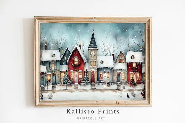 Cozy Christmas Village Winter Scene Art Print