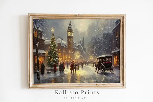 Vintage Christmas Market Art Print, Victorian Winter Scene