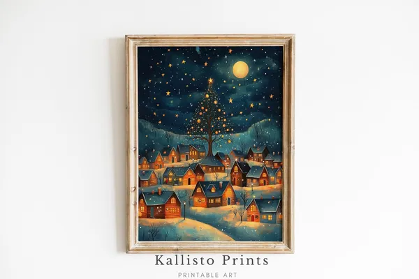 Christmas Village Night Scene Art Print
