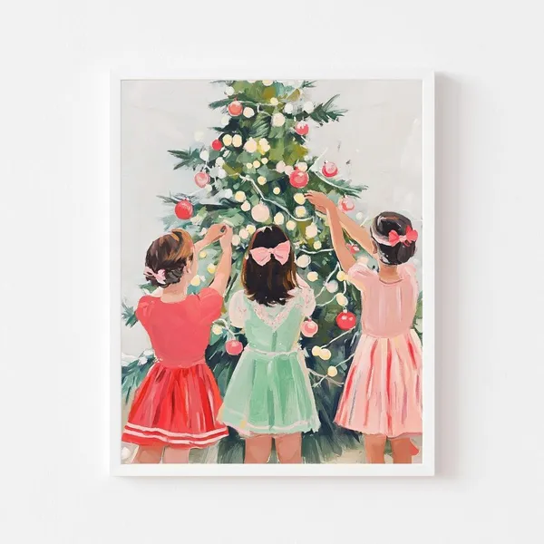 Three Girls Decorating Christmas Tree, Retro Art Print