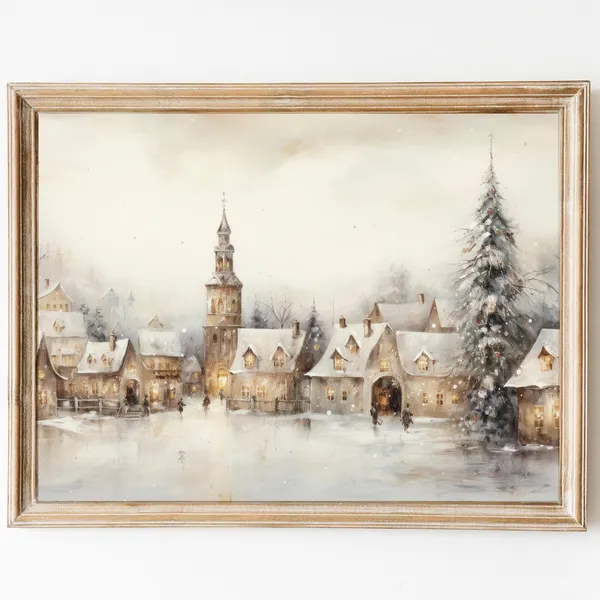 Winter Village Vintage Christmas Painting, Holiday Decor