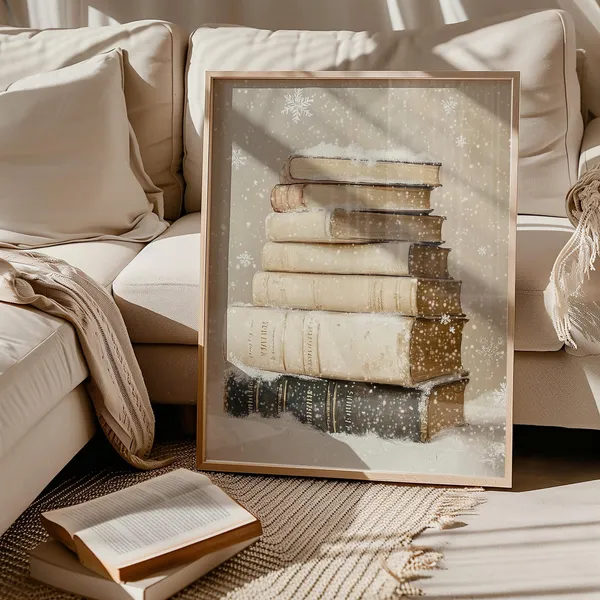 Christmas Book Stack Vintage Winter Wall Art