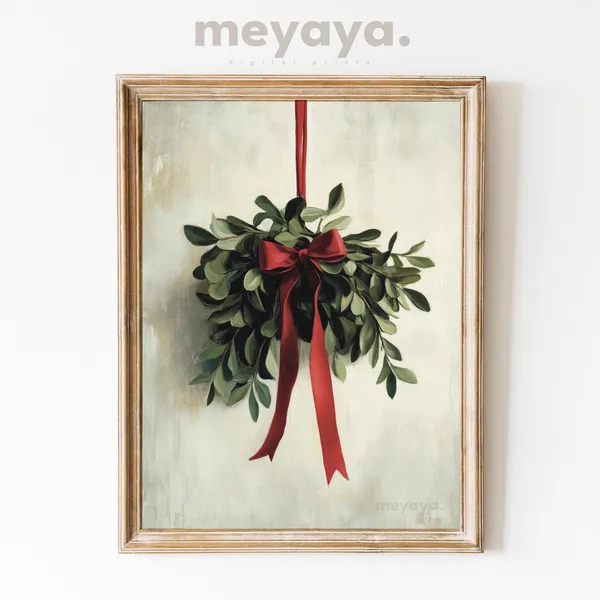Vintage Christmas Mistletoe Art Print, Boho Decor