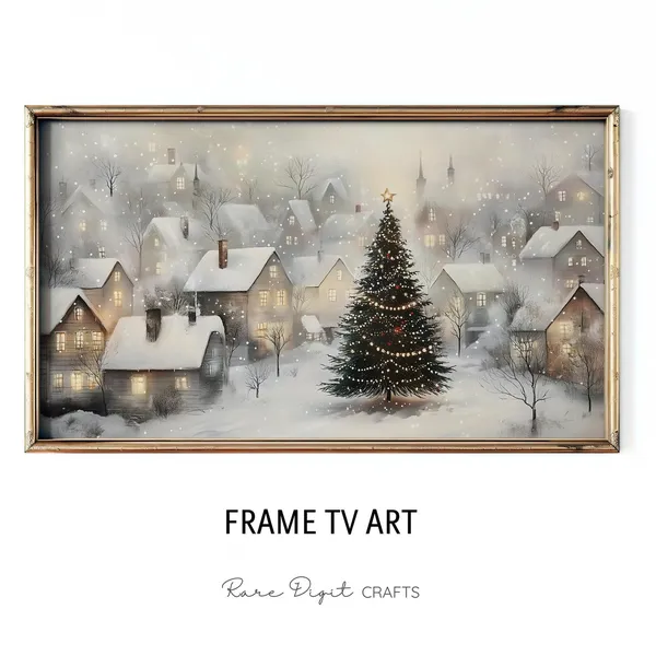 Christmas Tree Frame TV Art, Snowy Winter Village