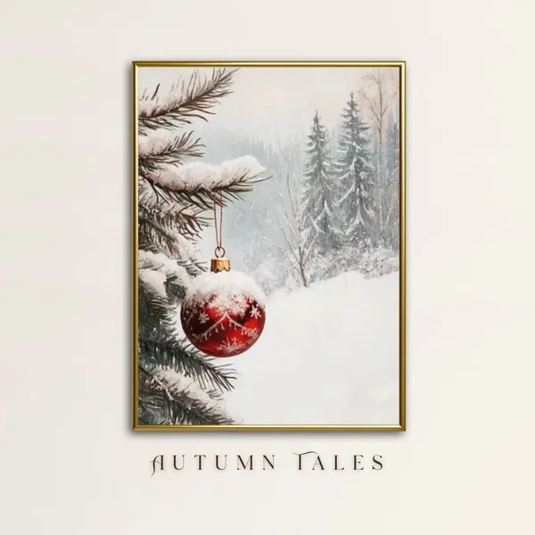Christmas Ornament Art Print, Moody Pine Tree Winter Forest