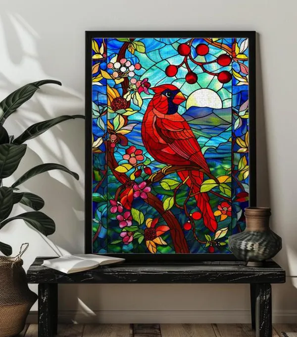 Christmas Stained Glass Cardinal Bird Art Print