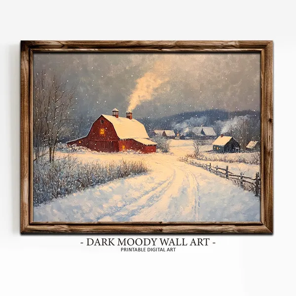 Winter Village Red Barn Art Print, Rustic Scene