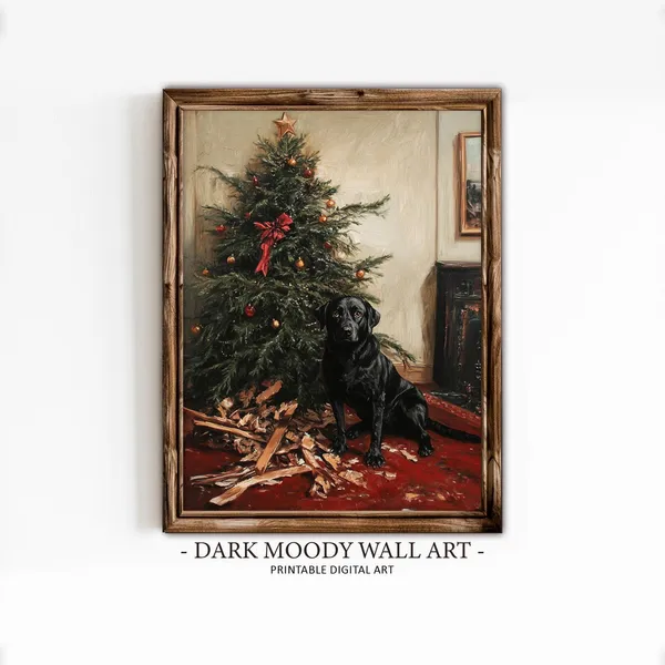 Christmas Dog Print, Vintage Rustic Farmhouse Art Print