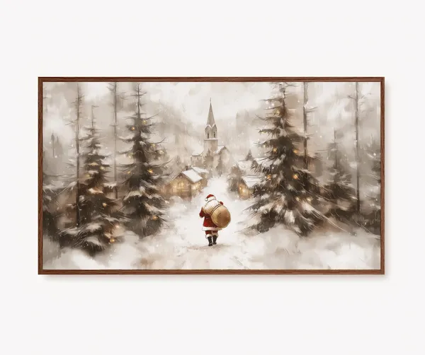 Vintage Christmas Village Art Print, Winter Landscape