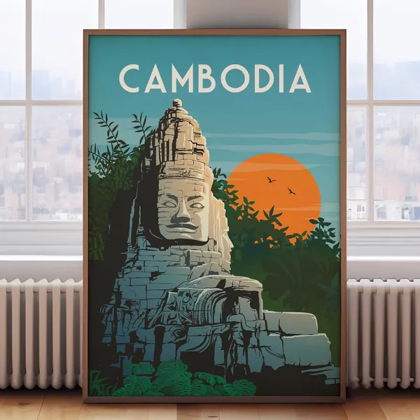 Cambodia Retro Travel Poster, Cambodian Art Print