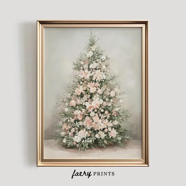 Floral Christmas Tree Print, Pastel Holiday Decor