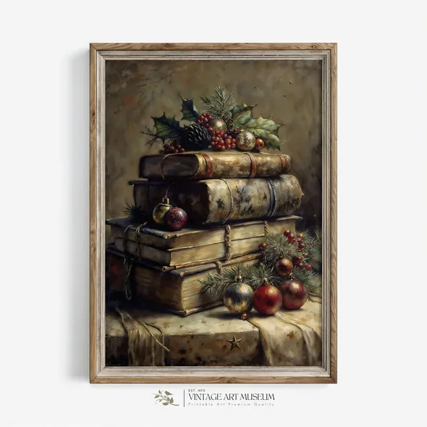 Stack Of Antique Books Christmas Art Print