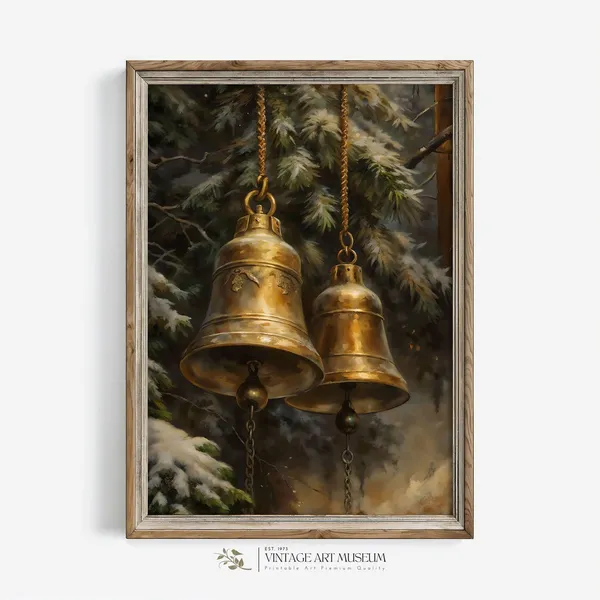Antique Christmas Golden Bells Vintage Oil Painting