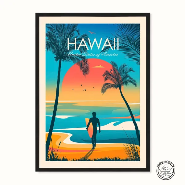 Hawaii Travel Print, Waikiki Surfing Poster
