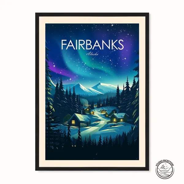 Fairbanks Alaska Travel Poster, Northern Lights Art