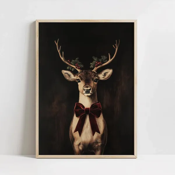 Christmas Deer Painting, Vintage Rustic Holiday Art Print