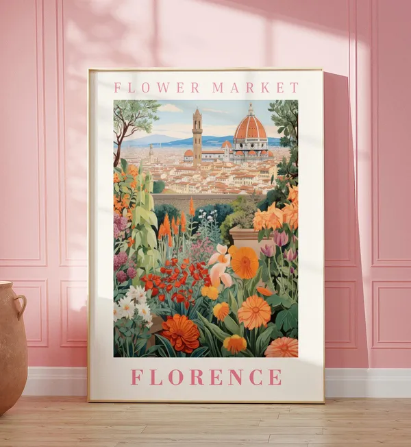Florence Flower Market Travel Poster, Botanical Illustration