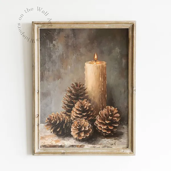 Vintage Christmas Pinecone Art Print, Rustic Holiday Decor