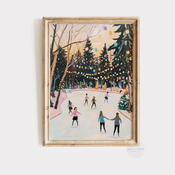 Pastel Ice Skating Print, Vintage Winter Landscape