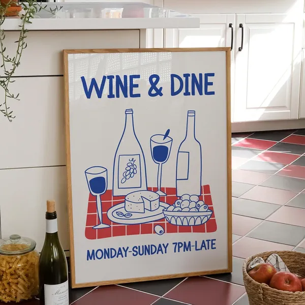 Wine Dine Club Retro Wine Poster, Mid-Century Modern