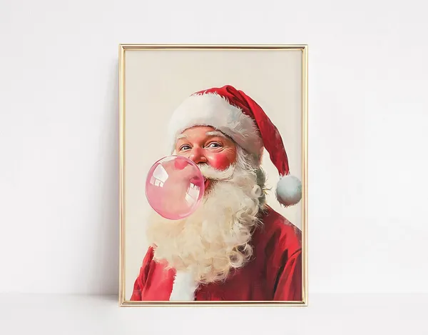 Funny Santa Bubblegum Print, Humorous Christmas Decor