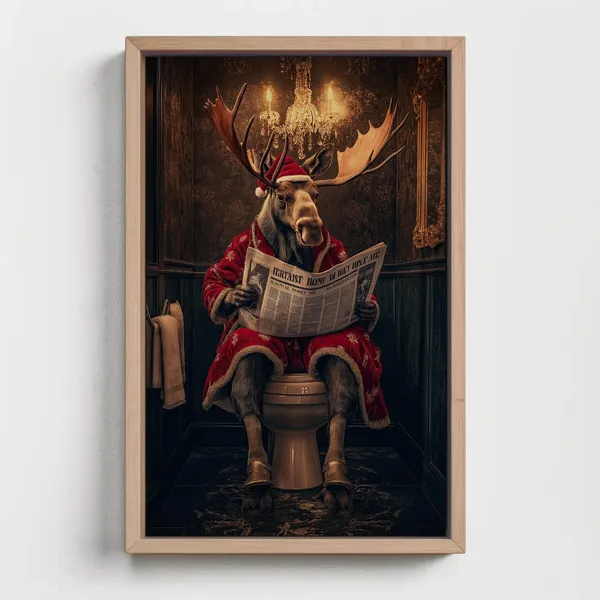 Christmas Moose Toilet Humor Art Print, Whimsical Decor