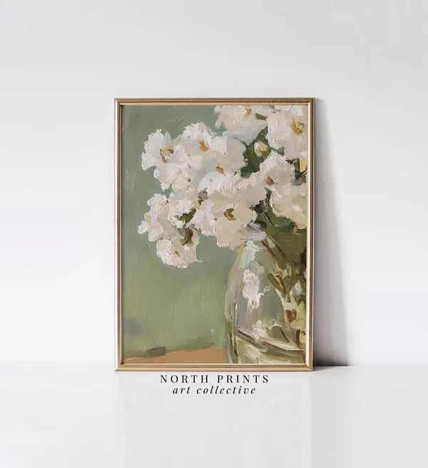 White Flower Still Life, Soft Green Wall Decor