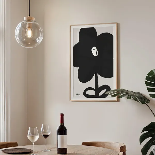Black and White Flower Print, Mid Century Minimalist