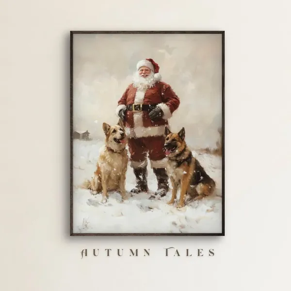 Vintage Santa Two German Shepherd Dogs Art Print
