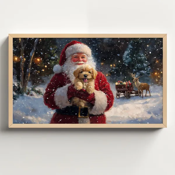 Santa Holding Puppy Dog Christmas, Vintage Holiday Art Print