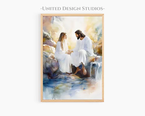 Jesus Sitting With Woman, Modern Christian Art Print
