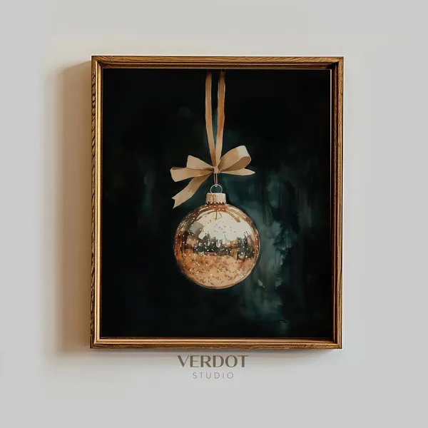 Gold Christmas Ornament Poster, Dark Moody Green Holiday Decor