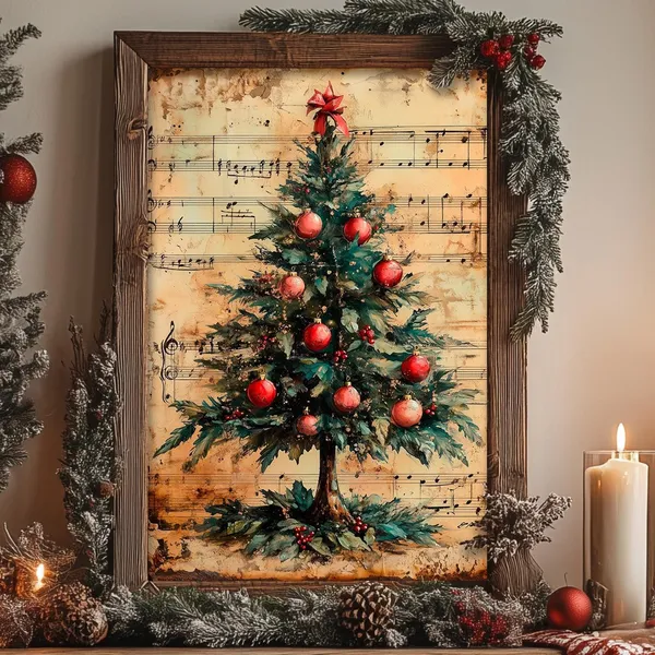 Vintage Sheet Music Christmas Tree Art Print, Hymns