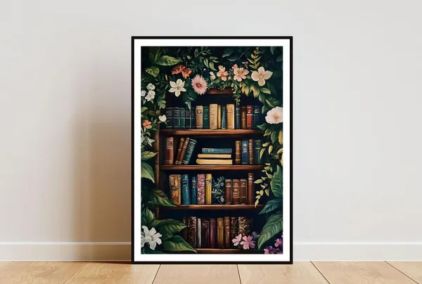 Bookshelf Poster, Vintage Boho Art Print